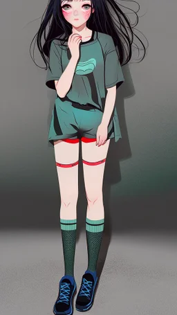 generate a full-length girl with gray-green sad eyes, with dark hair above the shoulders, a round face, not very plump lips, in a black T-shirt with a red print, short shorts, blue socks