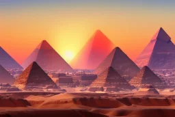 An ancient Egypt city at sunrise with 2 pyramids in the background, by matthieu lauffray, beautiful Egyptian temples, art Station, vibrant colours, concept art, blue sky