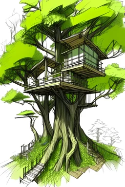 Help me generate a tree house sketcg incorporating green infrastructure