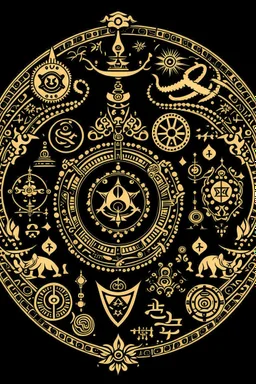 the Latin cross, aum letter, crescent and star, yin and yang, torii gate, khanda, star of david, dharma chakra all combined into one design