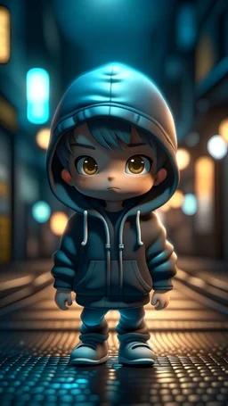 Cute chibi boy pop star in a hoodie walking down a dark street at night, 4K, 8K, 3D, Exquisite detail-logotype, very detailed elegant style, 3-Dimensional, hyper realistic, extremely detailed, hyper realistic, 3d render, photo