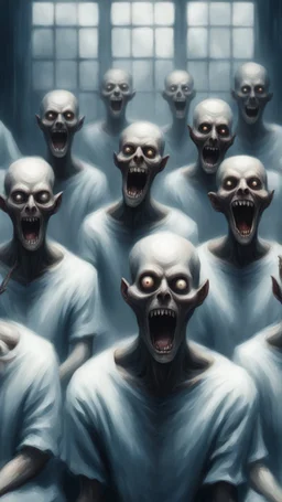 A demonic figure with a triangular body with long arms and creepy small eyes that is floating in a dark room