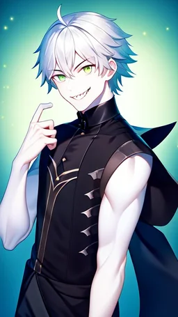 plauge doctor in balck leather clothes with silver hair, pale skin and bright green eyes smiling with sharp teeth, nice young face, male, viscious smile