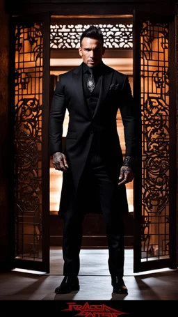 Jason David Frank as a Very muscular alpha male with short hair and tribal tattoo and piercings. Wearing a black designer suit , standing in a doorway. dark fantasy, hyperrealistic