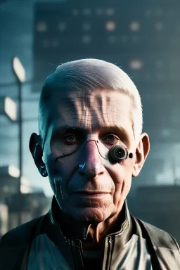 A portrait post-apocalypse cyborg ANTHONY FAUCI in a cyberpunk city, sci-fi fantasy style, 8k, volumetric lighting, particales,highly detailed,cinematic, deep scars on face,deep colours.