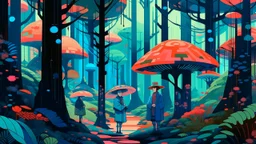 A digital painting by Kuniyoshi and Kandinsky of tech-people walking inside a futuristic forest.