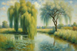 aquamarine gems, clouds, willow tree, claude monet, and emile claus impressionism paintings