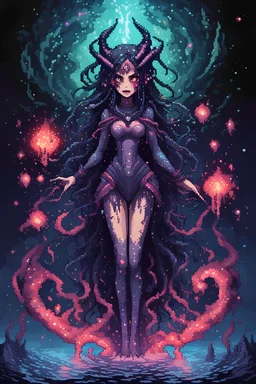 Demon girl wizard behind, cosmic horror, nightmare, galaxy in eyes with dread, truth, alien underwater, fullbody, 8bits, pixel art,