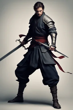 a swordsman with a rapier in right hand and nothing in the left hand. interesting pose