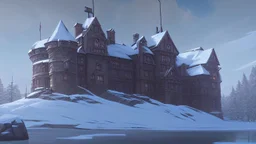 large castle in the snowy mountains