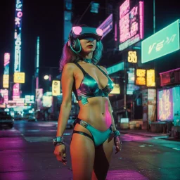 street photography of a woman on the street, night time, cyberpunk neon lights, 16mm , perfect photography, 1980's,vhs footage,wearing futuristic VR,bikini,bending,low light,shot by jvc gr-sz7,glitch,back to the future