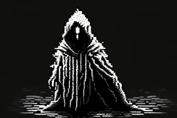 pixelart, black and white, 8bit, mysterious humanoid figure wrapped in a tattered cloak, with glowing, eerie eyes that pierce the darkness
