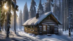 cabin in forest in winter