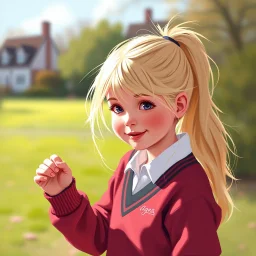 a pretty girl, age 8, blonde hair in a pony tail, playing outside, school jumper, digital painting, stylised