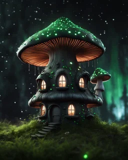 An illogically floating mushroom house on a clear night. white green black, Stars Dark cosmic interstellar. Detailed Matte Painting, deep color, fantastical, intricate detail, splash screen, hyperdetailed, insane depth, concept art, 8k resolution, trending on Artstation, Unreal Engine 5, color depth, backlit, splash art, dramatic, High Quality Whimsical Fun Imaginative Bubbly, perfect composition