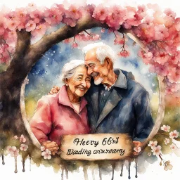 A vibrant watercolor wash splash art style portrait of a joyful elderly couple, their faces radiating happiness, sheltering beneath the blossoming branches of an old cherry tree. The man, with a neatly trimmed white mustache and a twinkle in his eye, gently holds the woman’s hand, while she smiles warmly, her silver hair softly framing her face. Below them, nestled amongst the roots of the tree, a textured sign reads "Happy 60th Wedding Anniversary" in bold lettering. The background depicts a mi