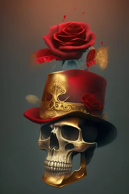 skull with red and gold hat and rose