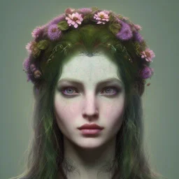 A beautiful female celtic druid with hair made out of flowers, digital art, HD, 8k, high definition, very high quality, detailed eyes, nature, druid, fantasy