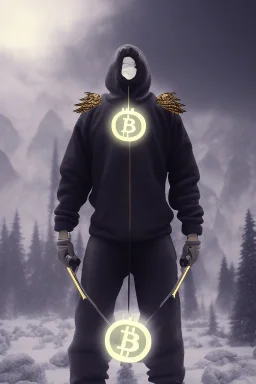 running berserker portrait , no face, black jogging suite , in the night Alps , holding bitcoin , angels background, volumetric gold light, high detail, dark leaf tree, dark mountains in background, perfect