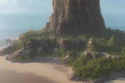 low angle shot of a Craggy cliffside overlooking a sandy beach,mystical, tower in the horizon