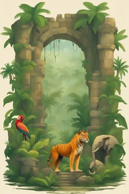 tropical jungle and animals ancient ruins