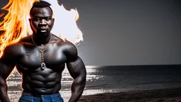 half figure shot Photography Of three congolese angry ugly muscular Burly thin 27 Years Old in the night, dressed with elegant shirt and jeans , sweat ,Tattoo, short hair , Beard,crossed arms, big arms, At The Beach At Midnight , Illuminated By Bonfire, Photorealistic, 8k, Global Illumination, Detailed And Intricate Environment ambien occlusion, view from the ground