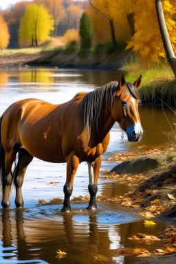 a horse drinking from the river in autumn