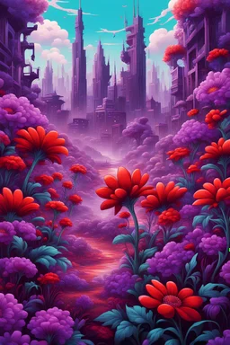 vibrant psychedelic urban culture image, airbrush, 48k, cartoon art image background purple and red flowers surrounding , dystopian