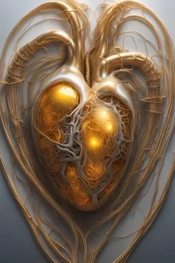 Heart in gold fluid. Universe in background vibrant realistic 16k,cybernetic,cable electric wires,citrine,luxury,microchip,anatomical,polished,porcelain,ultra detailed,ultra realistic,extremely realistic,intricate,photorealistic,epic composition,masterpiece,H.R.Giger style