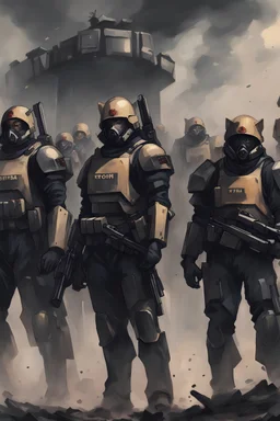 Totalitarian troop Legion in action. Use Totalitarian aesthetic. full body armor like Jin-Roh the Wolf Brigade with an emphasis on uniformity and Collectivism.