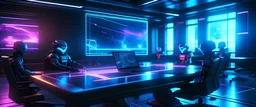 Laptop on the table, conference room with agnts in background, hyperrealistic 16k, 3d rendering, expressively detailed, dynamic light, Cyberpunk, steampunk, neon lighting