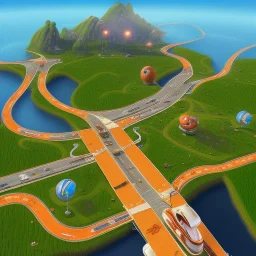 a new donkeykong level map with small cars, fine detail, graphics, shiny 3d, road sign, suspended road, islands, jumps