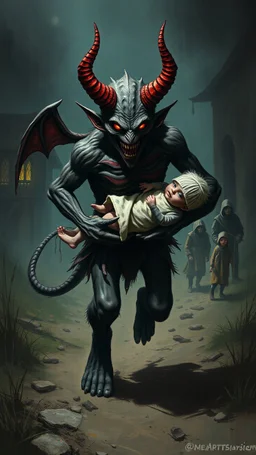 A scary devilish creature carrying a baby and running away in from villagers chasing him in dark scary environment