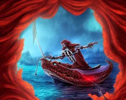 sango fantasy, fantasy magic, intricate, sharp focus, illustration, highly detailed, digital painting, concept art, matte, Greek mythology Charon ferryman, skeleton in full length cape, in boat on river styx, sharp jagged rocks, red purple blue colours, red hot lava river