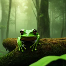 Green frog on a log in a tropical rain forest, background blurry, realistic, unreal engine, artstation, 3D, John Howe