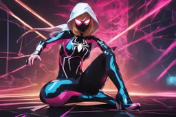 Spidergwen with RGB cyber mask in 8k solo leveling shadow artstyle, Crystal and Symbiote them, neon effect , magic circle, hoodie, close picture, full body, apocalypse, intricate details, highly detailed, high details, detailed portrait, masterpiece,ultra detailed, ultra quality