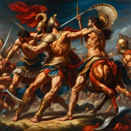 Achilles fighting with Hector in the Trojan War, oil on canvas, maximalist, ultra quality, hyper detailed, 8k