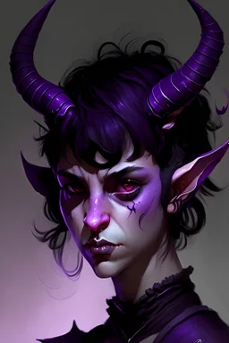 girl tiefling purple skinned; black horns; left horn is broken; black short hair. dark black eyes