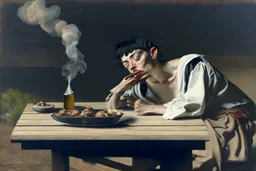 rapper smoking on picnic table by Caravaggio