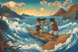 colourful digital painting of the odyssey quest with the mythos cyclops by homer, in the style of hokusai and van gogh