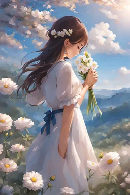 romantic environment heaven flowers clear nice clouds ,young girl gracefully whispering her lovely joy,full body shot.