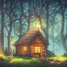 cozy cottage in a dark forest, 2d cartoon, anime keyvisual, sharp, extremely high detail, anime wallpaper, 4k uhd background