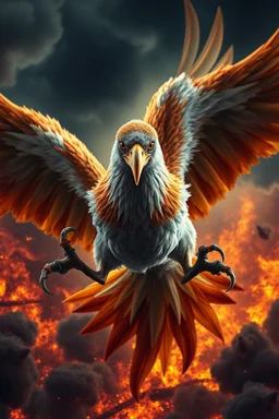 Create a ultra high definition and photorealistic image, 12k quality of a beautiful phoenix, majestic and strength showing, emphasis on texturized claws, upclose with a front view flying towards the camera, centre of an explosive and chaotic background scene of Armageddon where he is followed by demon like dark clouds in persuit trying to grab him, phoenix has striking eyes and determined look, majestic wings folded inwards in flight, bright auburn, black, white, grey and yellow colours, gothic