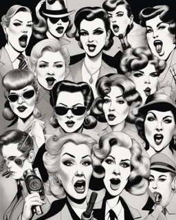 Poster of a hand-drawn caricature of a group of very ugly adult women, posing in a mafia style, and speaking with microphones in the shape of guns. The facial features of each woman are extremely exaggerated, some are big-eared, big-nosed, with a firm mouth, which makes them look silly, evil and stupid. Superimposed there is the following phrase: "LAS MUÑECAS DE LA MAFIA"