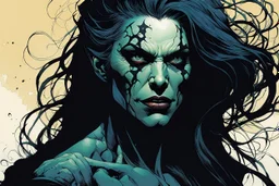 create an arcane, ethereal, otherworldly gaunt and withered ancient female Bruxa vampire , in the comic book art style of Mike Mignola, Bill Sienkiewicz, John Romita Jr., Leonardo Romero, Simone D'ARMINI, and Jean Giraud Moebius, with highly detailed and sharply defined feminine facial features , finely penciled and inked , dramatic natural lighting