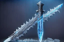 One fantasy greatsword that is a slender, translucent blade made of ice. Its hilt is crafted from swirling vines, leading to a vibrant crystal at the pommel. With a black background behind it. HD