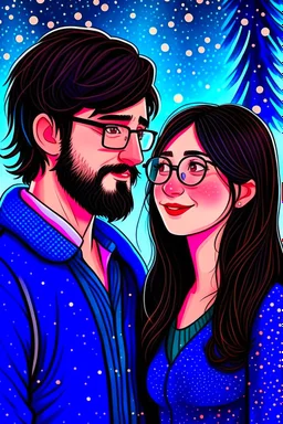 Christmas scene, dark haired couple, man with short black beard and glasses, woman with long hair, blue eyes, young couple, graphic