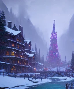 A magical snowy warlock castle with river canals and a large Christmas tree