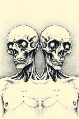 an old men , a thin line draw ، Siamese brothers with one body of two heads , front view camera, decayed and rotting with grotesque proportions and imagery. surreal horror, biomechanical design, by hr giger and beksinski , fine lines draw