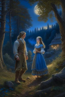 A prince and a village girl secretly meet by the moonlight in an oil painting forest Photorealistic